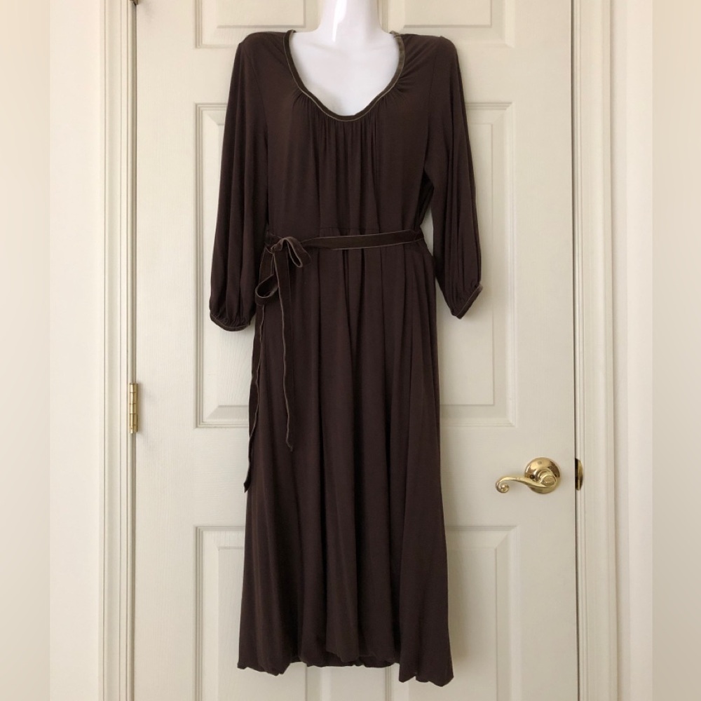 Boden Velvet-Trimmed 3/4 Sleeve Jersey Knit Dress Brown Size UK16/US12